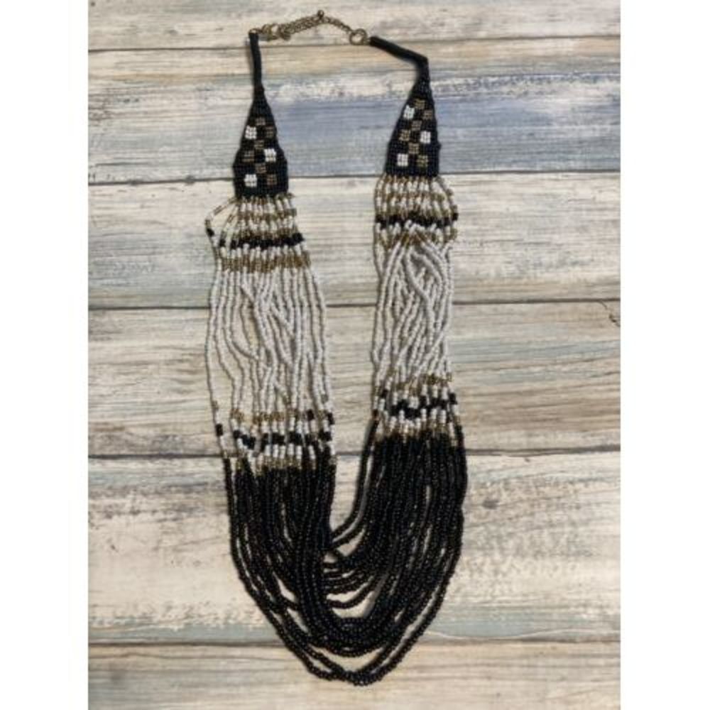 Black White Gold Seed Beaded Multi-strand Necklace‎ 22"